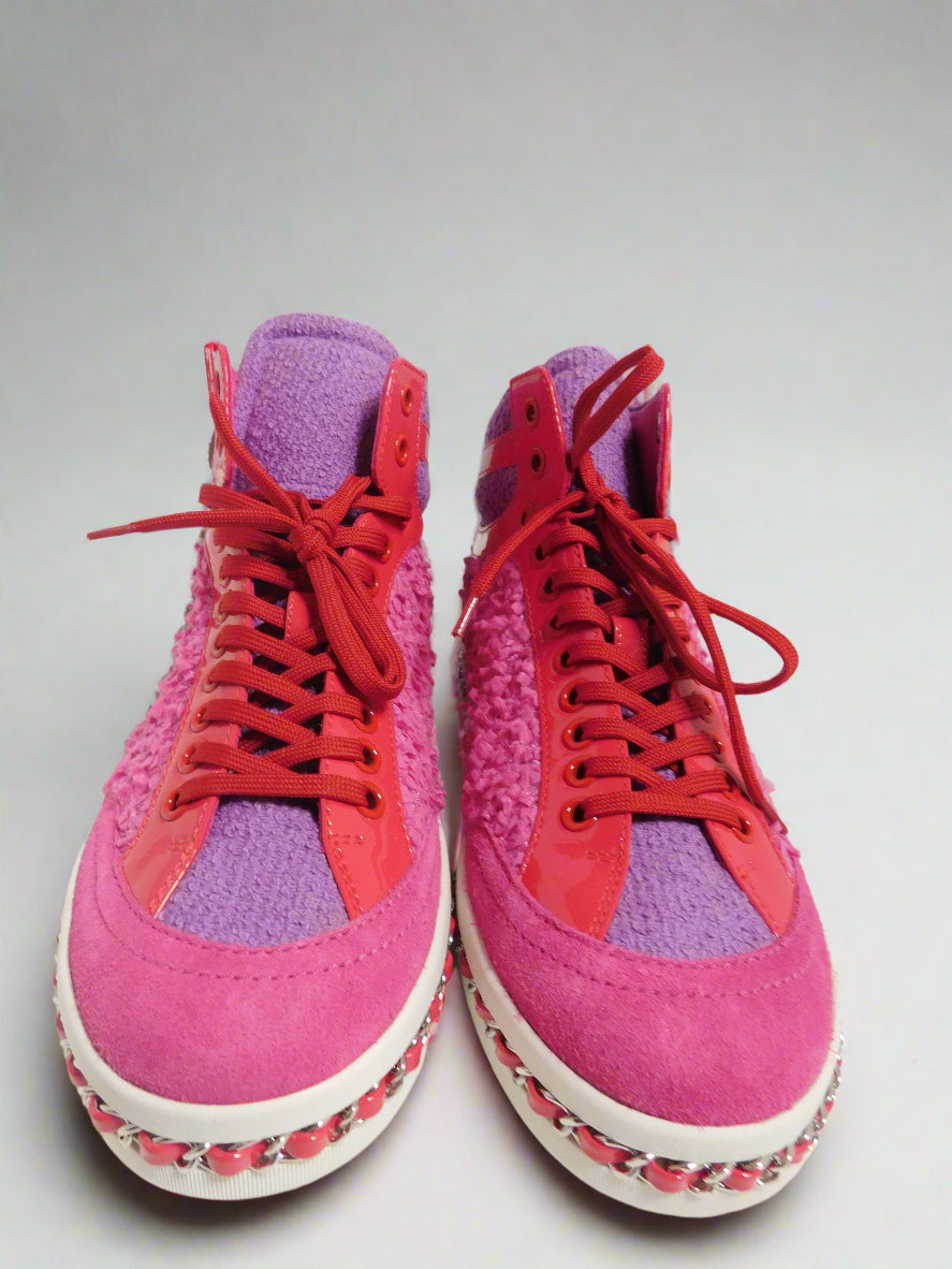 Tweed Patent Calfskin High Top Sneakers Pink Purple